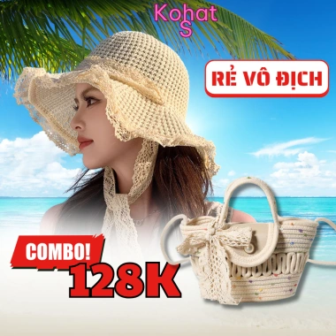 Combo Set Túi + Nón Đi Biển KAHATS Chống Nắng Vành Rộng Phối Ren M22T10 - Giá chỉ 128k