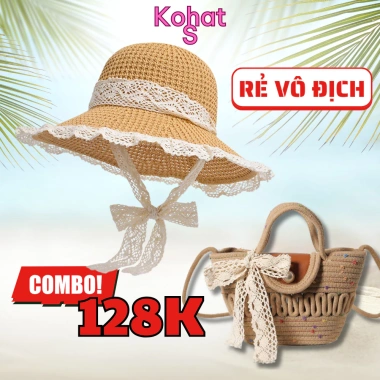 Combo Set Túi + Nón Đi Biển KAHATS Chống Nắng Vành Rộng Phối Ren M22T10 - Giá chỉ 128k