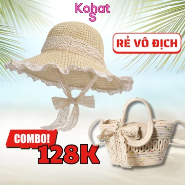 Combo Set Túi + Nón Đi Biển KAHATS Chống Nắng Vành Rộng Phối Ren M22T10 - Giá chỉ 128k