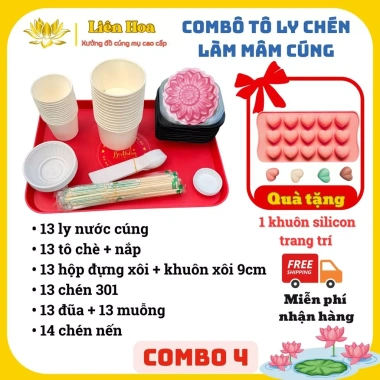 Combo Tô Ly Chén Mâm Cúng Đầy Tháng Thôi Nôi Giấy Cúng Mụ Liên Hoa - Tặng Khay Rau Câu - 93,000 VND