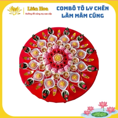 Combo Tô Ly Chén Mâm Cúng Đầy Tháng Thôi Nôi Giấy Cúng Mụ Liên Hoa - Tặng Khay Rau Câu - 93,000 VND