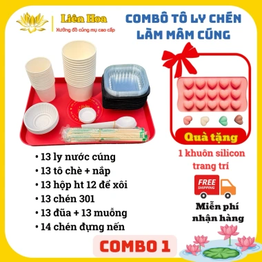 Combo Tô Ly Chén Mâm Cúng Đầy Tháng Thôi Nôi Giấy Cúng Mụ Liên Hoa - Tặng Khay Rau Câu - 93,000 VND