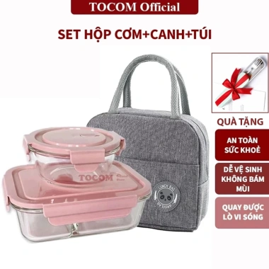 Combo TOCOM Hộp Cơm Văn Phòng Thủy Tinh 2-3 Ngăn 1.000ml + Hộp Canh + Túi Giữ Nhiệt Lò Vi Sóng Giá 125k