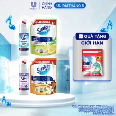 Combo Trắng Sạch Thơm Nhà - Nước Lau Sàn Sunlight Bioshield 3.4kg + Gel Vim Trắng Sáng 870ml Giá Ưu Đãi 115k