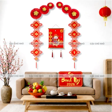 Combo Trang Trí Thần Tài Tết 2.026 – Tranh Treo Năm Mới + Quạt, Túi Tài Lộc, Decal Giá ưu đãi 94.600₫