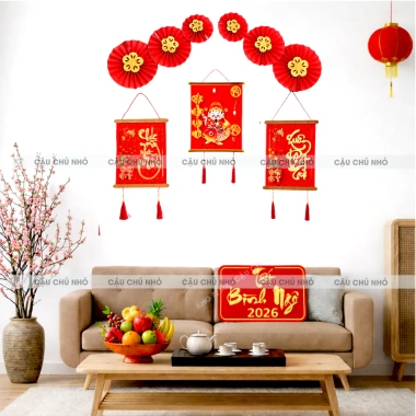 Combo Trang Trí Thần Tài Tết 2.026 – Tranh Treo Năm Mới + Quạt, Túi Tài Lộc, Decal Giá ưu đãi 94.600₫