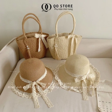 Combo Túi Mũ Cói Đi Biển Ren Nơ Xinh Xắn Nữ - Sang Trọng, Giá 107k QO STORE