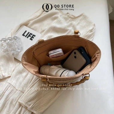 Combo Túi Mũ Cói Đi Biển Ren Nơ Xinh Xắn Nữ - Sang Trọng, Giá 107k QO STORE