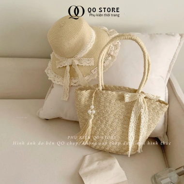 Combo Túi Mũ Cói Đi Biển Ren Nơ Xinh Xắn Nữ - Sang Trọng, Giá 107k QO STORE