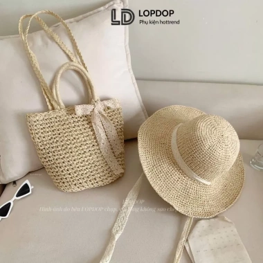 Combo Túi Mũ Cói - Kẹp Nách, Thắt Nơ, Phong Cách Nhẹ Nhàng T12M11 LOPDOP 2
