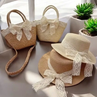 Combo túi mũ đi biển cho bạn gái - Mũ cói nơ ren vintage, giảm giá chỉ 52.000 VND