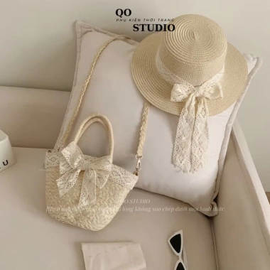 Combo túi mũ đi biển cho bạn gái - Mũ cói nơ ren vintage, giảm giá chỉ 52.000 VND