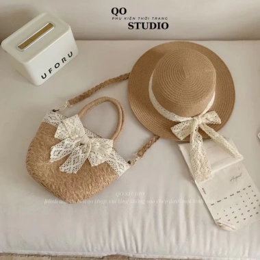 Combo túi mũ đi biển cho bạn gái - Mũ cói nơ ren vintage, giảm giá chỉ 52.000 VND