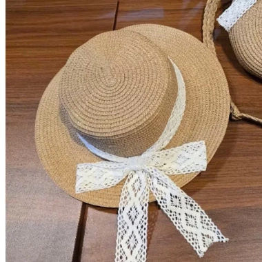 Combo túi mũ đi biển cho bạn gái - Mũ cói nơ ren vintage, giảm giá chỉ 52.000 VND