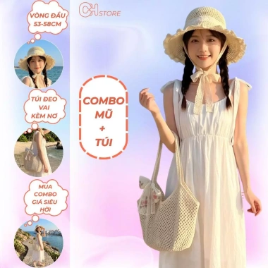 Combo túi và mũ đi biển chụp hình kèm nơ xinh - Thời trang, Giá ưu đãi 138k