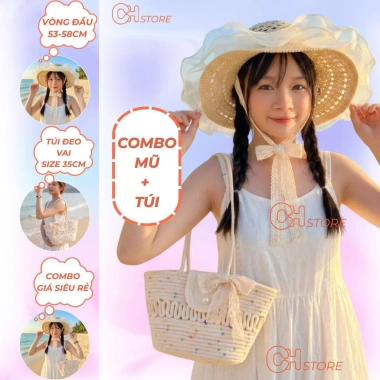 Combo túi và mũ đi biển chụp hình kèm nơ xinh - Thời trang, Giá ưu đãi 138k