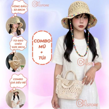 Combo túi và mũ đi biển chụp hình kèm nơ xinh - Thời trang, Giá ưu đãi 138k