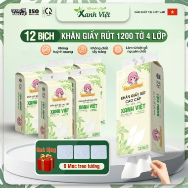 Combo12 12 bịch khăn giấy rút treo tường Xanh Việt Hannal Seyo 1.200 tờ 4 lớp mềm mịn - 255.000₫