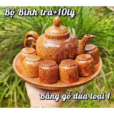 Compo bộ bình trà gỗ dừa 10 ly VIP - loại 1, đĩa 22cm, giá chỉ 295.000₫