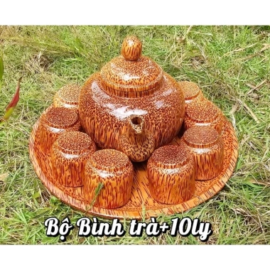 Compo bộ bình trà gỗ dừa 10 ly VIP - loại 1, đĩa 22cm, giá chỉ 295.000₫