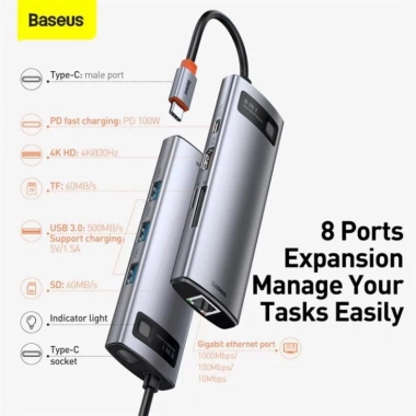 Cổng chuyển đổi Baseus Type C 8-IN-1 4K, 3 USB3.0, SD, TF, RJ45, PD - Giá 930.000₫
