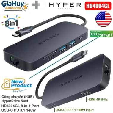 Cổng chuyển HUB HyperDrive Next HD4.004GL 8-in-1 USB-C PD 3.1 140W - Hàng chính hãng, giảm giá 2.18 triệu