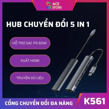 Cổng Hub Type-C đa năng 5 in 1 HDMI K561, Jack 3.5mm, USB 3.0, sạc PD 60W - công nghệ nhanh, tương thích mọi laptop - Giá ưu đãi 450.000₫