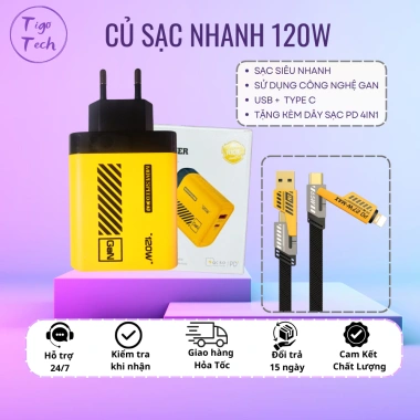 Củ sạc nhanh TZ-93 120W công nghệ GAN – Siêu nhanh, không chai pin, không nóng máy, giá 200.000₫