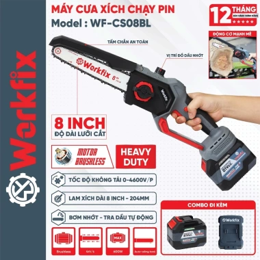 Cưa xích 8 inch pin WORKFIX WF-CS08BL, tốc độ 46.000v.p, không chổi than, tra nhớt tự động - 724.000đ