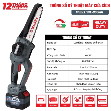 Cưa xích 8 inch pin WORKFIX WF-CS08BL, tốc độ 46.000v.p, không chổi than, tra nhớt tự động - 724.000đ