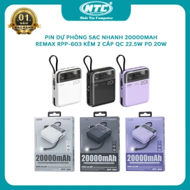 Cục trữ điện Remax RPP-603 20.000mAh CCC, sạc Aifon 15/16, cáp nhanh QC 22.5W PD 20W - 3 màu, giảm giá