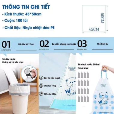 Cuộn 100 Túi Rác Quai Rút Siêu Dai 45x50cm, Tự Hủy Sinh Học, Chịu Nhiệt TKVA510
