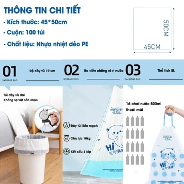 Cuộn 100 túi rác sinh học Minaier 45x55cm - Dây rút bền, chống rỉ nước, chỉ 12.000₫