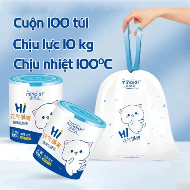 Cuộn 100 túi rác sinh học Minaier 45x55cm - Dây rút bền, chống rỉ nước, chỉ 12.000₫