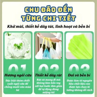 Cuộn 50 Túi Đựng Rác Hương Ngải Cứu Xua Ruồi Muỗi Siêu Dai, Dây Rút Tiện Lợi 45x45cm - Giá 14.500đ