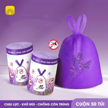 Cuộn 50 túi rác Lavender siêu dai có dây rút, đuổi ruồi muỗi côn trùng, 21.000₫