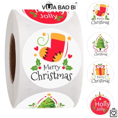 Cuộn 500 Sticker tròn Giáng sinh TE13 - Niêm phong dán hộp túi, giá chỉ 29.000đ