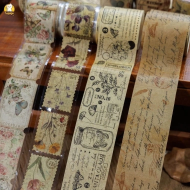 Cuộn Washi Tape Màu Nâu Vintage Cổ Điển - Tem Hoa Cỏ, Chữ Viết Tay, Lá Thư Dán Sổ Journal Scrapbook
