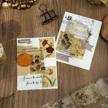 Cuộn Washi Tape Màu Nâu Vintage Cổ Điển - Tem Hoa Cỏ, Chữ Viết Tay, Lá Thư Dán Sổ Journal Scrapbook