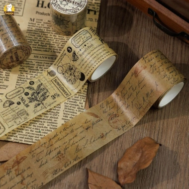 Cuộn Washi Tape Màu Nâu Vintage Cổ Điển - Tem Hoa Cỏ, Chữ Viết Tay, Lá Thư Dán Sổ Journal Scrapbook