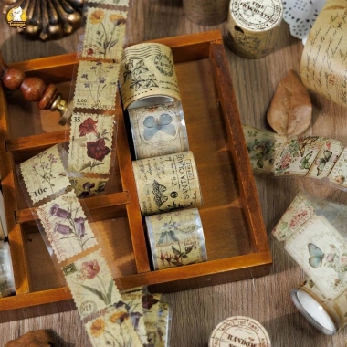 Cuộn Washi Tape Màu Nâu Vintage Cổ Điển - Tem Hoa Cỏ, Chữ Viết Tay, Lá Thư Dán Sổ Journal Scrapbook 4 Cuộn Washi Tape Màu Nâu Vintage Cổ Điển - Tem Hoa Cỏ, Chữ Viết Tay, Lá Thư Dán Sổ Journal Scrapbook 4