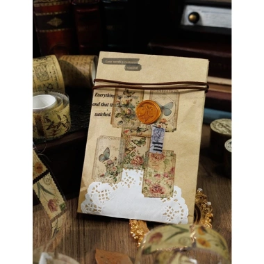 Cuộn Washi Tape Màu Nâu Vintage Cổ Điển - Tem Hoa Cỏ, Chữ Viết Tay, Lá Thư Dán Sổ Journal Scrapbook