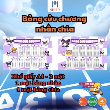 Cửu Chương Nhân Chia 2 Mặt A4 Bảng Toán Bé Dễ Thương In Màu Hoạt Hình Học Thuộc Nhanh