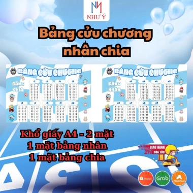 Cửu Chương Nhân Chia 2 Mặt A4 Bảng Toán Bé Dễ Thương In Màu Hoạt Hình Học Thuộc Nhanh