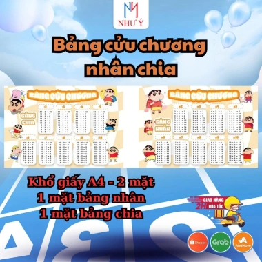 Cửu Chương Nhân Chia 2 Mặt A4 Bảng Toán Bé Dễ Thương In Màu Hoạt Hình Học Thuộc Nhanh
