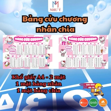Cửu Chương Nhân Chia 2 Mặt A4 Bảng Toán Bé Dễ Thương In Màu Hoạt Hình Học Thuộc Nhanh
