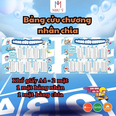 Cửu Chương Nhân Chia 2 Mặt A4 Bảng Toán Bé Dễ Thương In Màu Hoạt Hình Học Thuộc Nhanh
