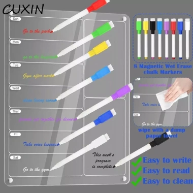 CUXIN Acrylic Lịch hàng tuần trong suốt tủ lạnh - Bảng đen ghi chú đa năng, không khung, kèm 3/8 bút, tái sử dụng