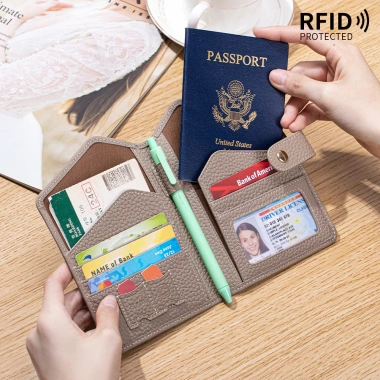 Da Thật Siêu Mỏng Đa Năng Hộ Chiếu và Túi Tài Liệu - Khe Cắm Thẻ, Giá Đỡ Vé, RFID Chống Trộm - 319.541 VND 3