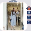 Đầm bầu công sở maxi dáng suông tay dài kẻ xanh trẻ trung, phối gấu nổi - Hot hit 194k